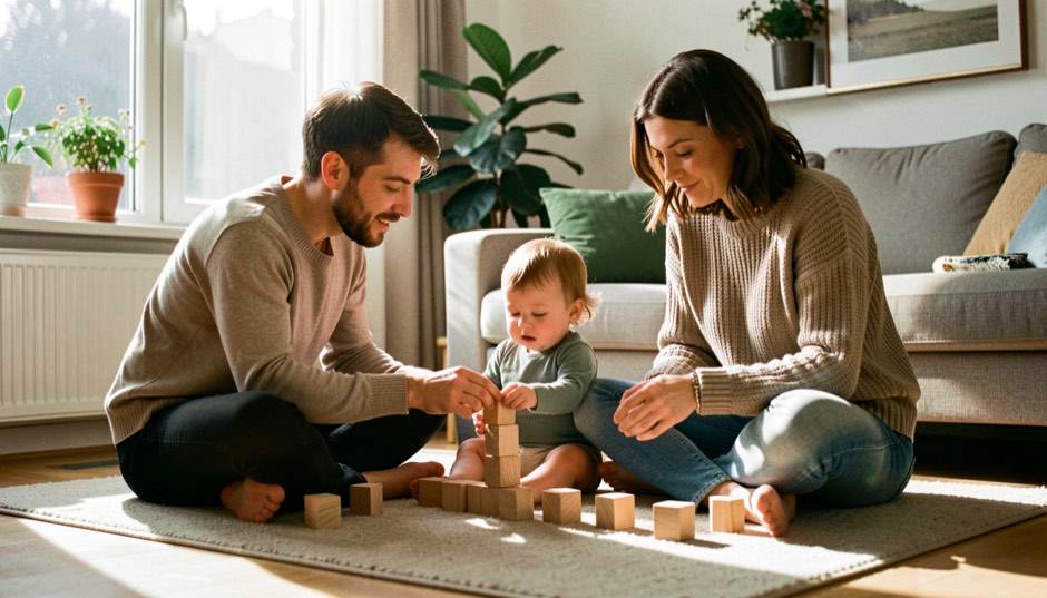 Deux parents et leur tout-petit assis sur un tapis de salon, empilant des cubes en bois près d’une fenêtre, lumière douce de fin d’après-midi